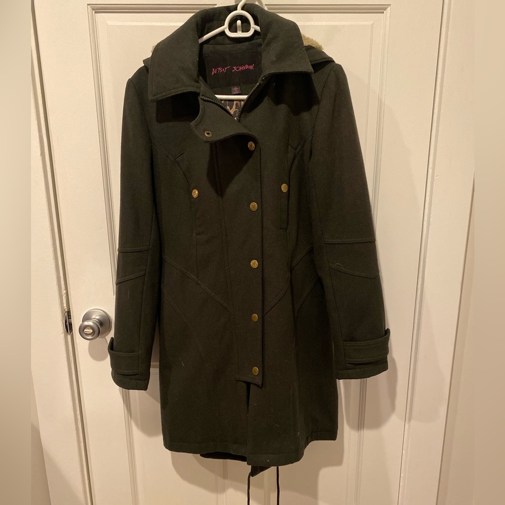 Green Betsey Johnson Pea Coat with Sherpa-Lined Detachable Hood